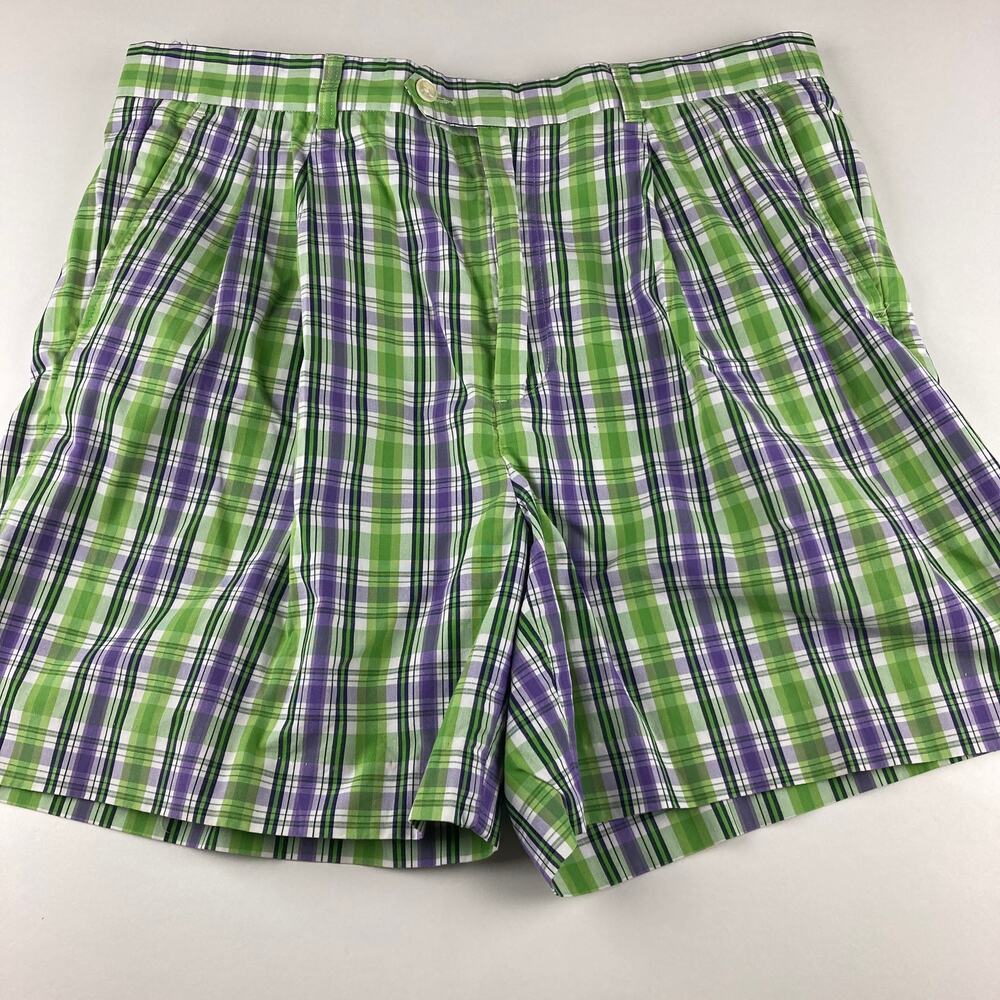 Fairway & Greene Golf Shorts Mens 36 Green Purple Plaid 100% Cotton Pleated